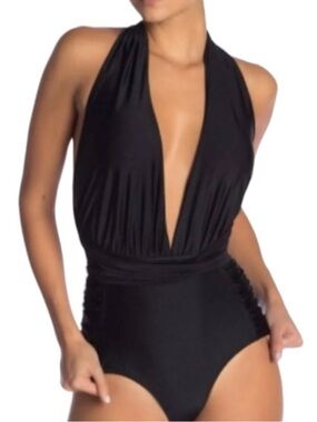 Nicole Miller Black Halter Plunge One-Piece Swimsuit